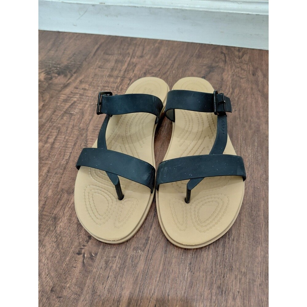 Crocs Tulum Toe Post Sandal Black Tan Rubber Comfort Sandals, Size Womens 10 - Picture 11 of 12